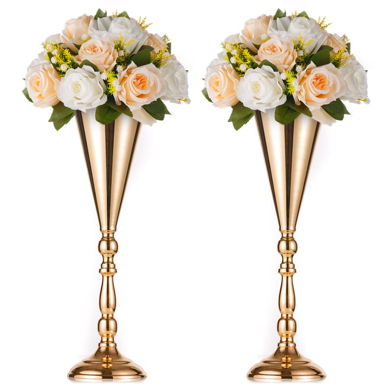 NUPTIO 2 Pcs Tabletop Metal Wedding Flower Trumpet Vase, 16.5 inch Tall Table Decorative Centerpiece, Artificial Flower Arrangements for Anniversary Ceremony Party Birthday Event Aisle Home Decoration (Gold) - Image 1